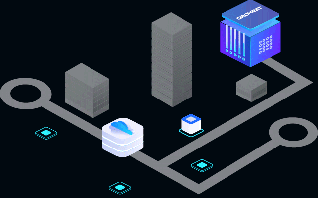 A blue line connects a purple cube to a white cube with a blue cloud on it that radiates blue circles out from it